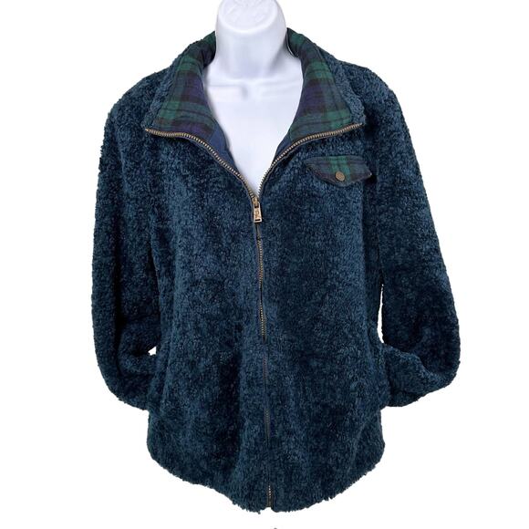 Pendleton Womens Large Navy/Green Plaid Full Zip Fuzzy Teddy Jacket Cozy Zip-Up - Picture 10 of 13